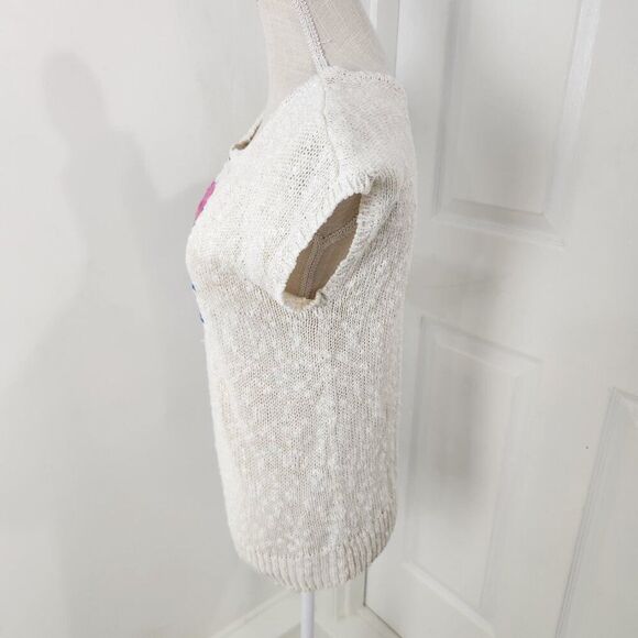 Vintage Sweater Womens L Cream Floral Crochet Open Knit 80s Skating Rink Prop - Picture 4 of 14